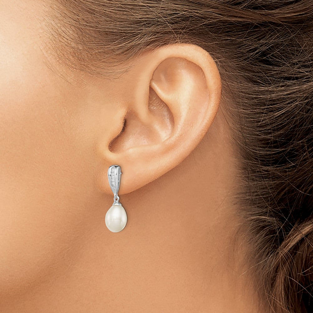 QE12746 Sterling Silver Rhodium-plated 7-8mm White Rice Freshwater Cultured Pearl and CZ Post Dangle Earrings