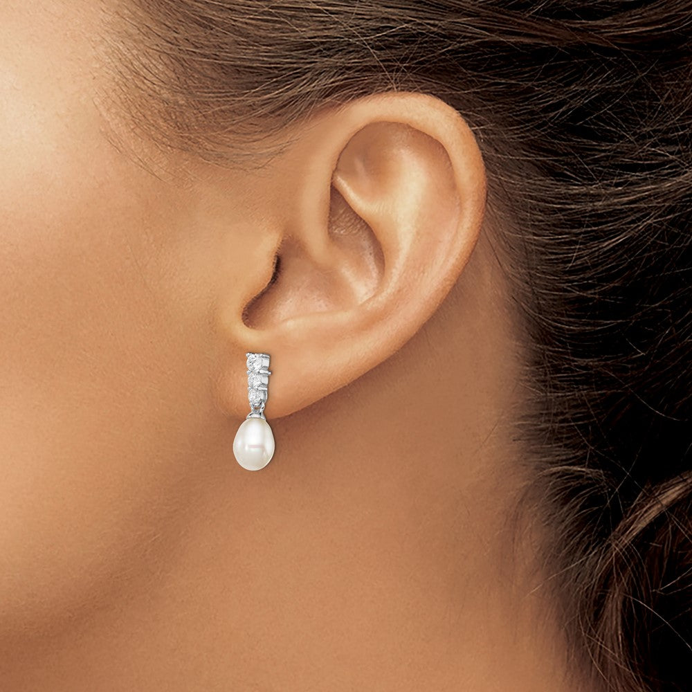 QE12747 Sterling Silver Rhod-plated 7-8mm White Teardrop Freshwater Cultured Pearl and CZ Post Dangle Earrings