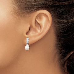 QE12747 Sterling Silver Rhod-plated 7-8mm White Teardrop Freshwater Cultured Pearl and CZ Post Dangle Earrings