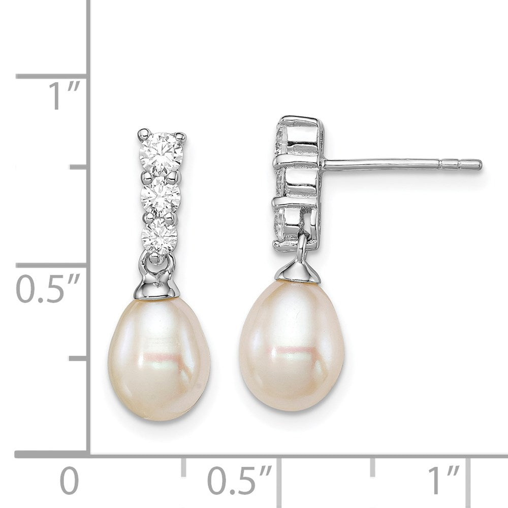 QE12747 Sterling Silver Rhod-plated 7-8mm White Teardrop Freshwater Cultured Pearl and CZ Post Dangle Earrings