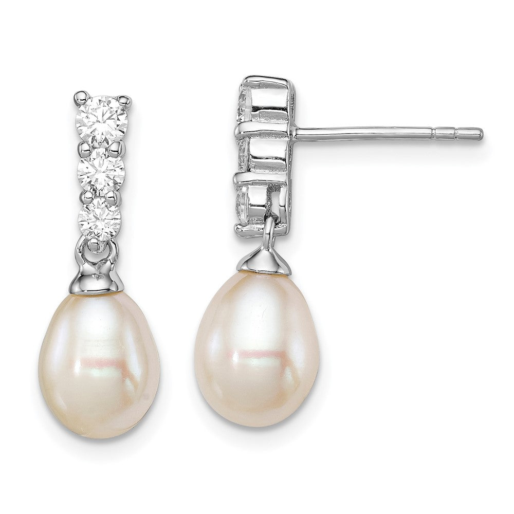QE12747 Sterling Silver Rhod-plated 7-8mm White Teardrop Freshwater Cultured Pearl and CZ Post Dangle Earrings
