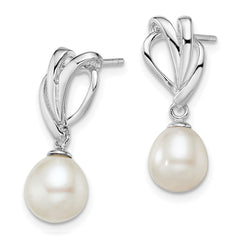 QE12748 Sterling Silver Rhodium-plated 7-8mm White Rice Freshwater Cultured Pearl Post Dangle Earrings