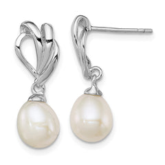 QE12748 Sterling Silver Rhodium-plated 7-8mm White Rice Freshwater Cultured Pearl Post Dangle Earrings
