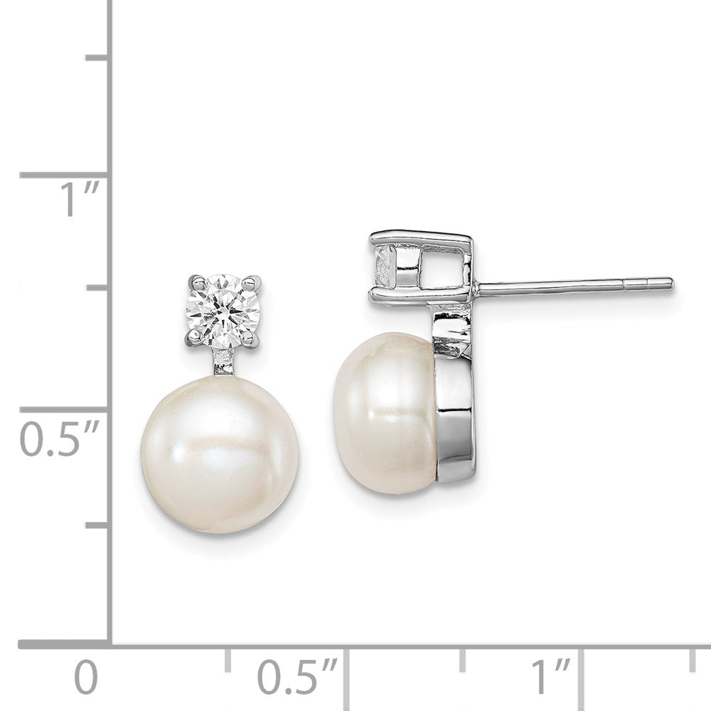 QE12750 Sterling Silver Rhodium-plated 7-8mm White Button Freshwater Cultured Pearl and CZ Post Earrings