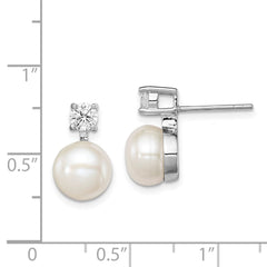 QE12750 Sterling Silver Rhodium-plated 7-8mm White Button Freshwater Cultured Pearl and CZ Post Earrings
