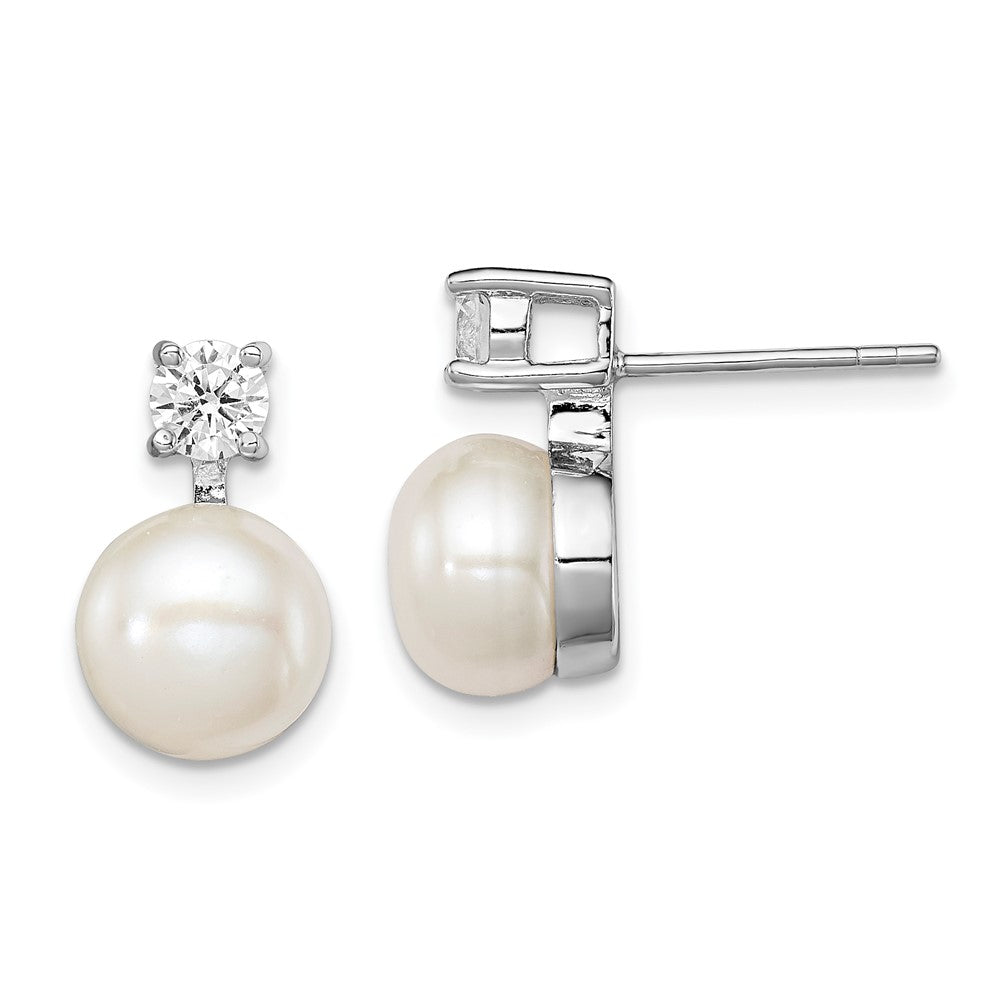 QE12750 Sterling Silver Rhodium-plated 7-8mm White Button Freshwater Cultured Pearl and CZ Post Earrings