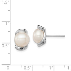 QE12752 Sterling Silver Rhodium-plated 8-9mm White Button Freshwater Cultured Pearl Post Earrings