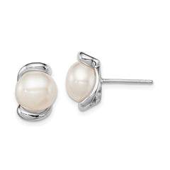 QE12752 Sterling Silver Rhodium-plated 8-9mm White Button Freshwater Cultured Pearl Post Earrings