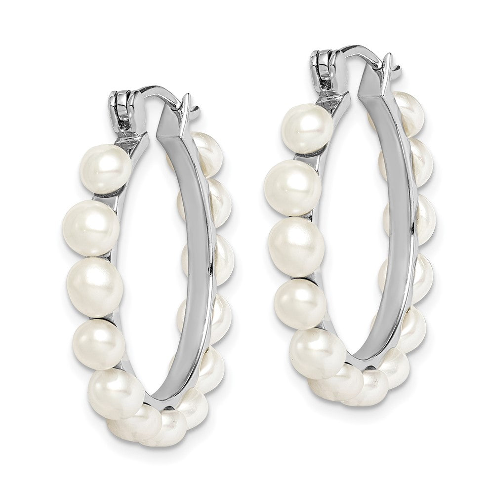 QE12753 Sterling Silver Rhodium-plated 4-5mm White Button Freshwater Cultured Pearl Hoop Earrings