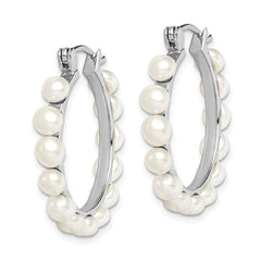 QE12753 Sterling Silver Rhodium-plated 4-5mm White Button Freshwater Cultured Pearl Hoop Earrings