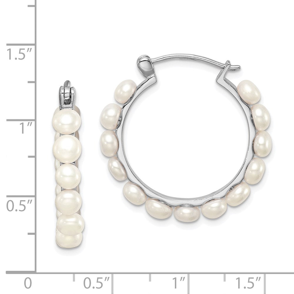 QE12753 Sterling Silver Rhodium-plated 4-5mm White Button Freshwater Cultured Pearl Hoop Earrings