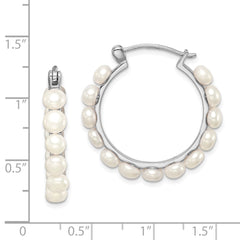 QE12753 Sterling Silver Rhodium-plated 4-5mm White Button Freshwater Cultured Pearl Hoop Earrings