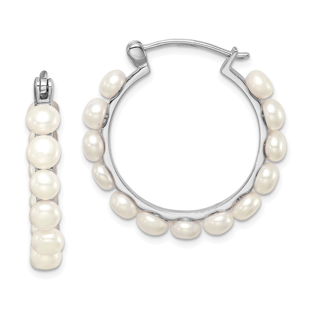 QE12753 Sterling Silver Rhodium-plated 4-5mm White Button Freshwater Cultured Pearl Hoop Earrings