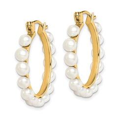 QE12753GP Sterling Silver Gold-plated 4-5mm White Button Freshwater Cultured Pearl Hoop Earrings