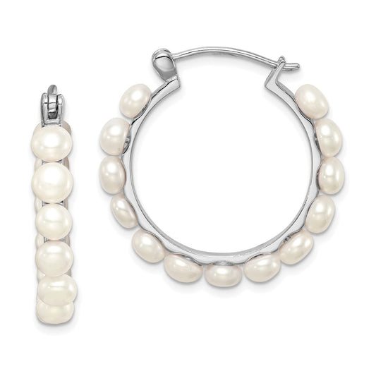 QE12753 Sterling Silver Rhodium-plated 4-5mm White Button Freshwater Cultured Pearl Hoop Earrings