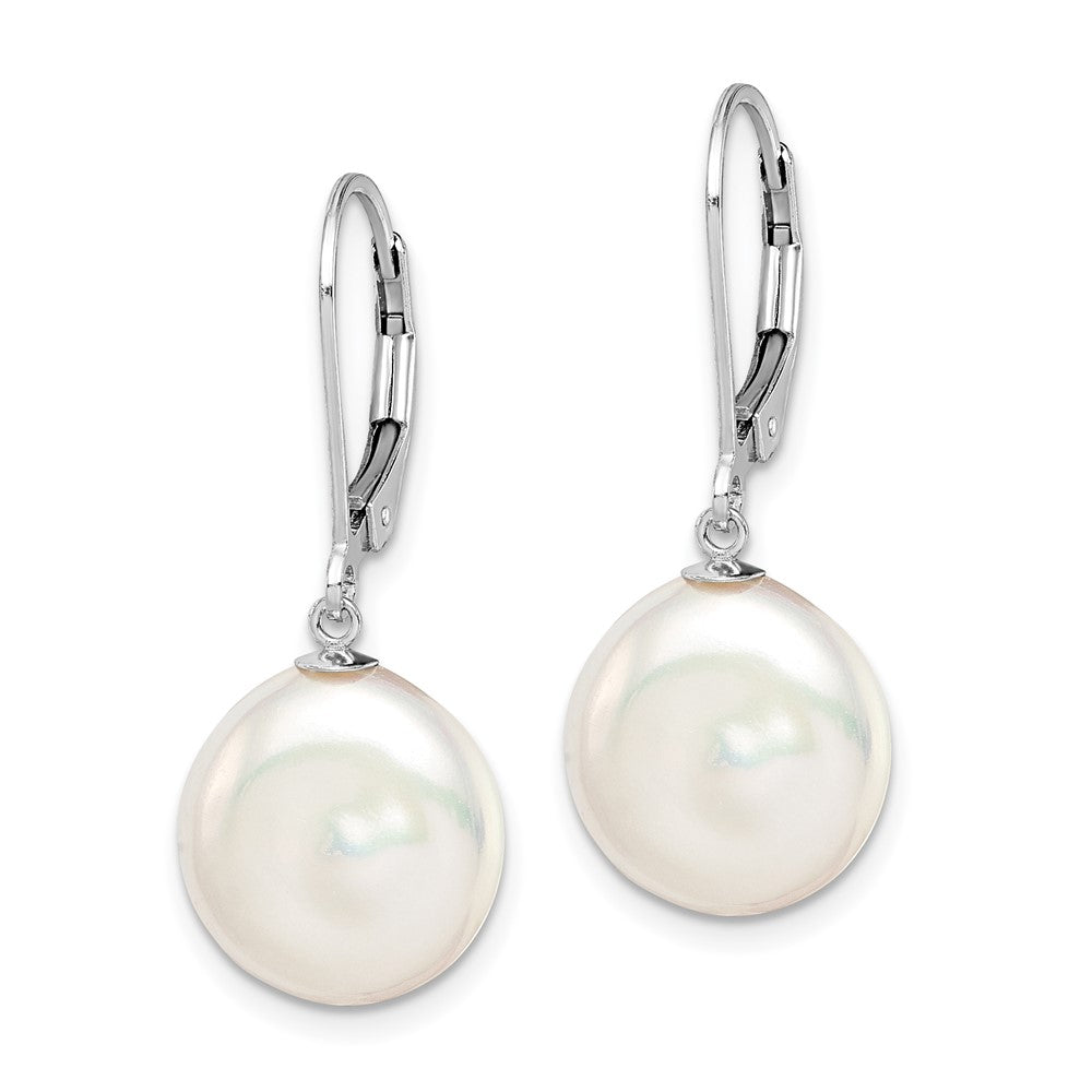 QE12755 Sterling Silver Rhodium-plated 12-13mm White Coin Freshwater Cultured Pearl Leverback Dangle Earrings