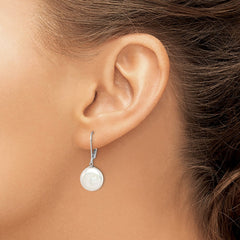 QE12755 Sterling Silver Rhodium-plated 12-13mm White Coin Freshwater Cultured Pearl Leverback Dangle Earrings