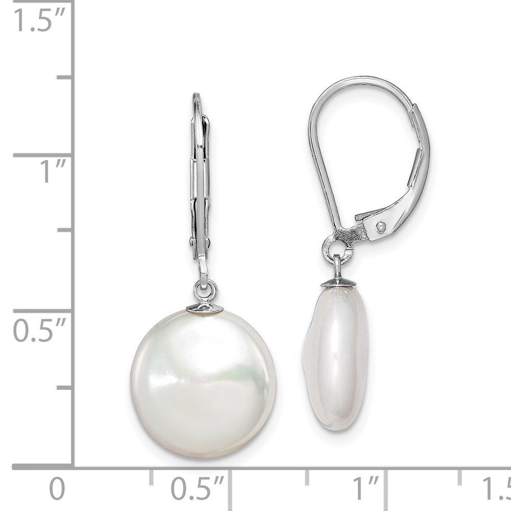 QE12755 Sterling Silver Rhodium-plated 12-13mm White Coin Freshwater Cultured Pearl Leverback Dangle Earrings