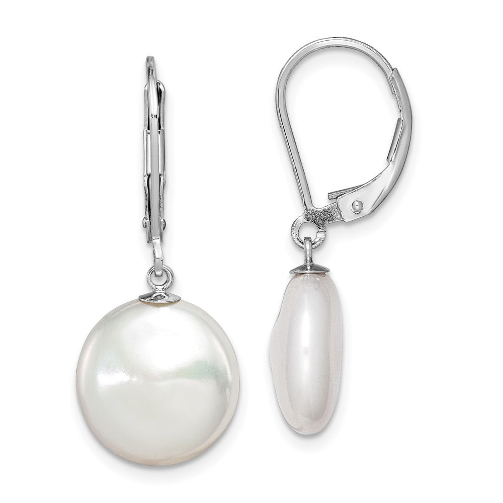 QE12755 Sterling Silver Rhodium-plated 12-13mm White Coin Freshwater Cultured Pearl Leverback Dangle Earrings