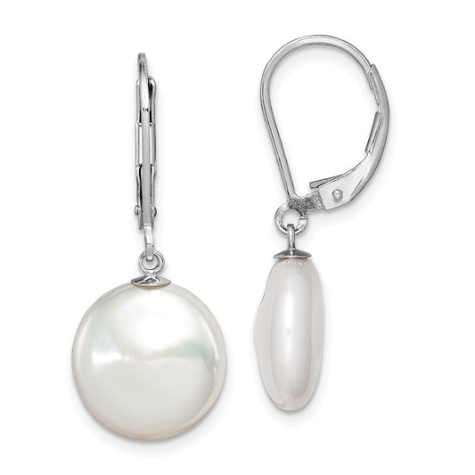 QE12755 Sterling Silver Rhodium-plated 12-13mm White Coin Freshwater Cultured Pearl Leverback Dangle Earrings