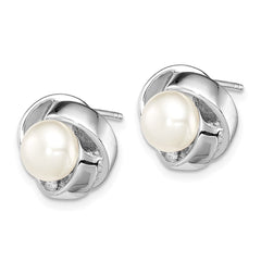 QE12757 Sterling Silver Rhodium-plated 6-7mm White Button Freshwater Cultured Pearl Knot Post Earrings