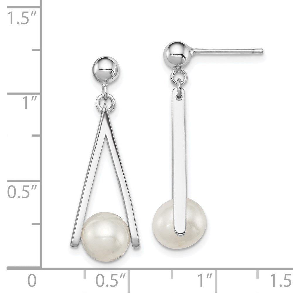 QE12760 Sterling Silver Rhodium-plated 8-9mm White Semi-Round Freshwater Cultured Pearl Triangle Post Dangle Earrings