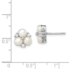 QE12761 Sterling Silver Rhodium-plated 5-6mm White Button Freshwater Cultured 3-Pearl and CZ Post Earrings