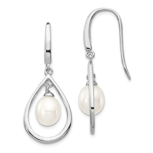 QE12763 Sterling Silver Rhodium-plated 6-7mm White Teardrop Freshwater Cultured Pearl Dangle Earrings