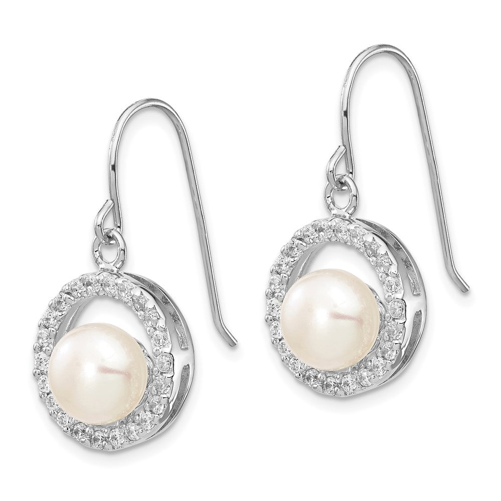 QE12769 Sterling Silver Rhodium-plated 7-8mm White Button Freshwater Cultured Pearl and CZ Dangle Earrings