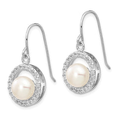 QE12769 Sterling Silver Rhodium-plated 7-8mm White Button Freshwater Cultured Pearl and CZ Dangle Earrings