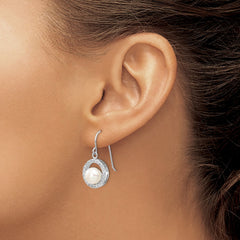 QE12769 Sterling Silver Rhodium-plated 7-8mm White Button Freshwater Cultured Pearl and CZ Dangle Earrings