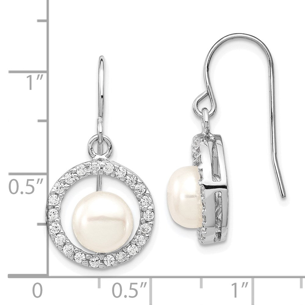 QE12769 Sterling Silver Rhodium-plated 7-8mm White Button Freshwater Cultured Pearl and CZ Dangle Earrings