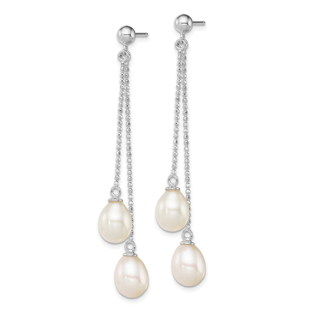 QE12777 Sterling Silver Rhodium-plated 7-8mm White Rice Freshwater Cultured Pearl Post Dangle Earrings