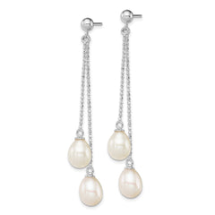 QE12777 Sterling Silver Rhodium-plated 7-8mm White Rice Freshwater Cultured Pearl Post Dangle Earrings
