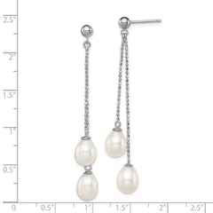 QE12777 Sterling Silver Rhodium-plated 7-8mm White Rice Freshwater Cultured Pearl Post Dangle Earrings