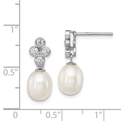 QE12778 Sterling Silver Rhodium-plated 7-8mm White Rice Freshwater Cultured Pearl and CZ Post Dangle Earrings