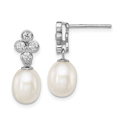 QE12778 Sterling Silver Rhodium-plated 7-8mm White Rice Freshwater Cultured Pearl and CZ Post Dangle Earrings