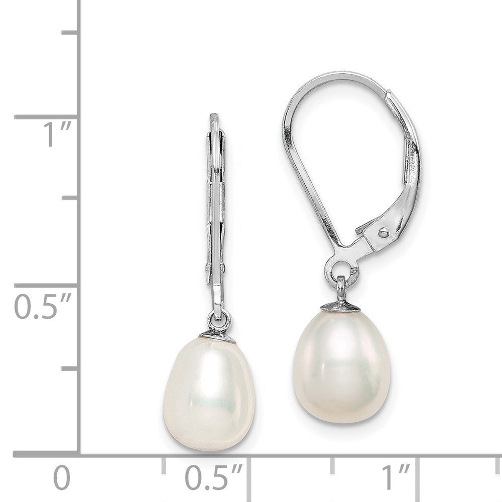 QE12781 Sterling Silver Rhodium-plated 7-8mm White Teardrop Freshwater Cultured Pearl Leverback Dangle Earrings