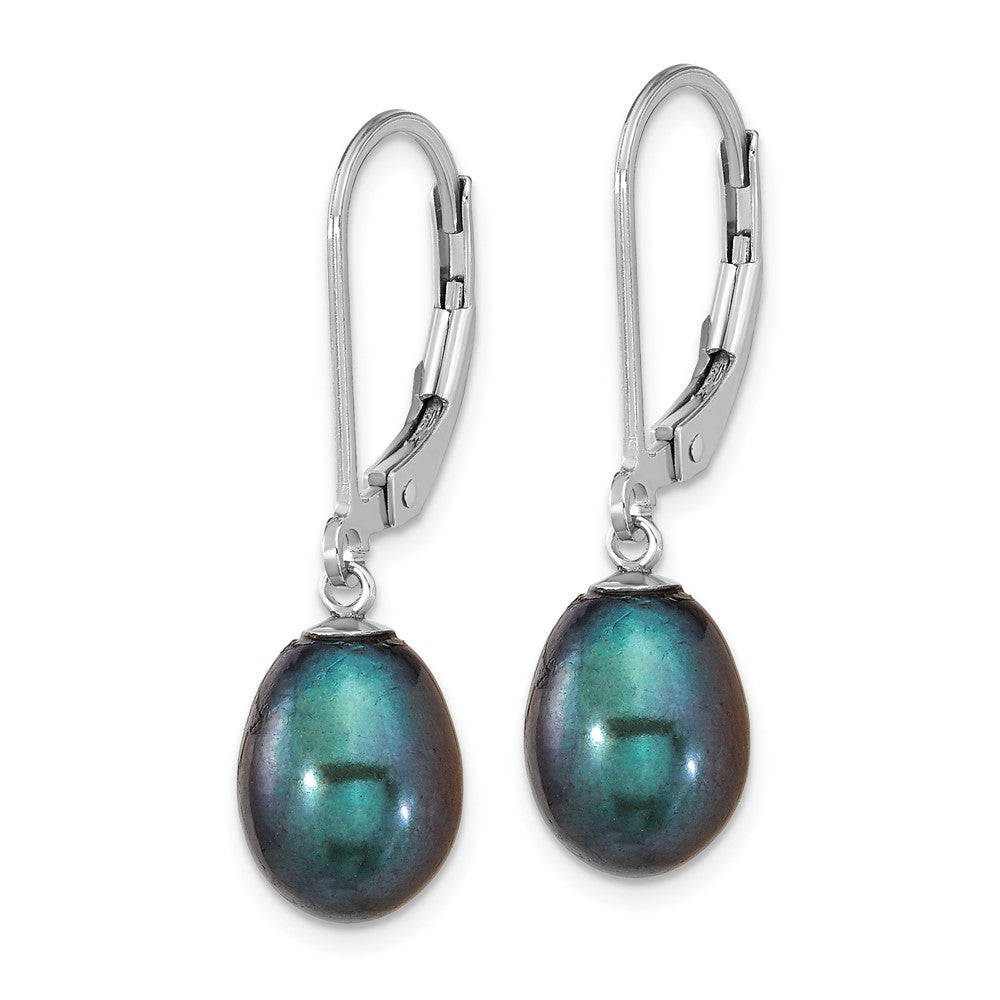 QE12781B Sterling Silver Rhodium-plated 7-8mm Black Teardrop Freshwater Cultured Pearl Leverback Dangle Earrings