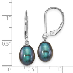 QE12781B Sterling Silver Rhodium-plated 7-8mm Black Teardrop Freshwater Cultured Pearl Leverback Dangle Earrings