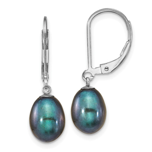 QE12781B Sterling Silver Rhodium-plated 7-8mm Black Teardrop Freshwater Cultured Pearl Leverback Dangle Earrings