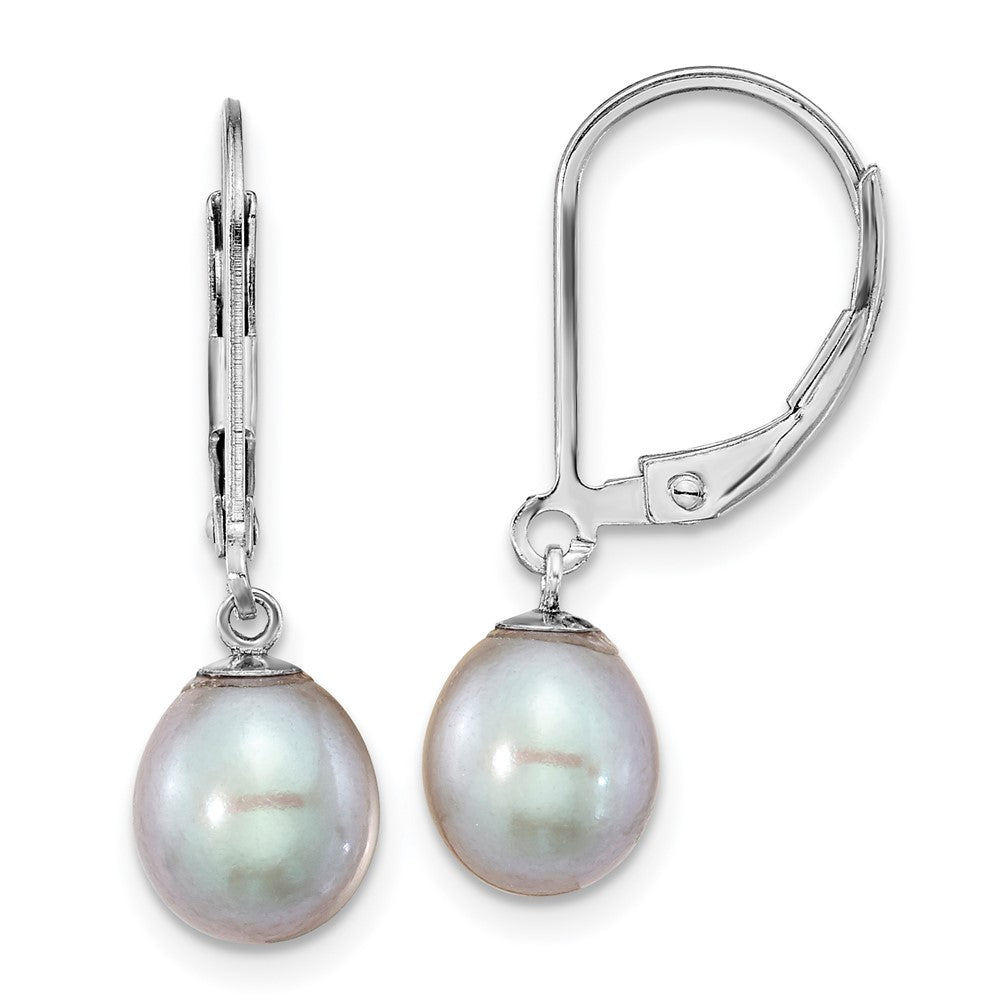 QE12781G Sterling Silver Rhodium-plated 7-8mm Grey Teardrop Freshwater Cultured Pearl Leverback Dangle Earrings