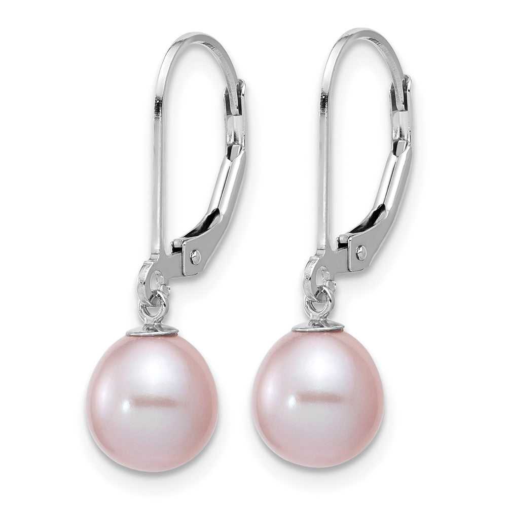 QE12781PU Sterling Silver Rhodium-plated 7-8mm Purple Teardrop Freshwater Cultured Pearl Leverback Dangle Earrings