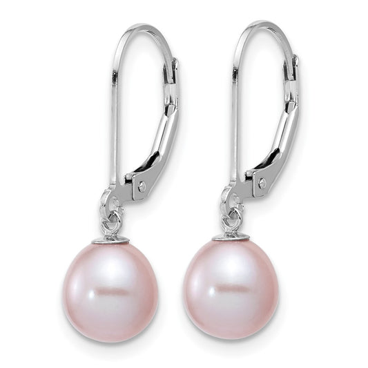 QE12781PU Sterling Silver Rhodium-plated 7-8mm Purple Teardrop Freshwater Cultured Pearl Leverback Dangle Earrings