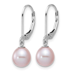 QE12781PU Sterling Silver Rhodium-plated 7-8mm Purple Teardrop Freshwater Cultured Pearl Leverback Dangle Earrings