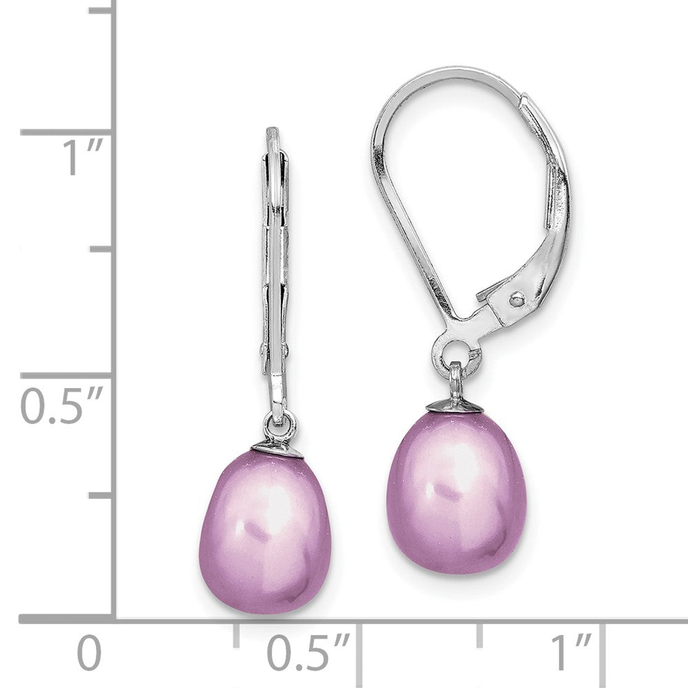 QE12781PU Sterling Silver Rhodium-plated 7-8mm Purple Teardrop Freshwater Cultured Pearl Leverback Dangle Earrings