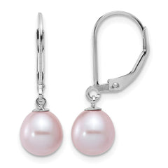QE12781PU Sterling Silver Rhodium-plated 7-8mm Purple Teardrop Freshwater Cultured Pearl Leverback Dangle Earrings