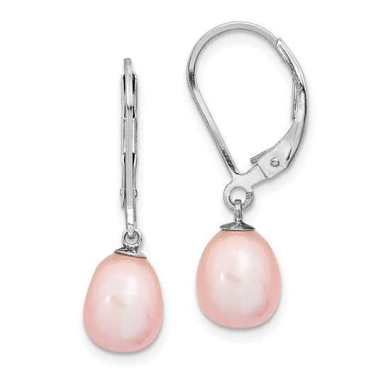 QE12781P Sterling Silver Rhodium-plated 7-8mm Pink Teardrop Freshwater Cultured Pearl Leverback Dangle Earrings