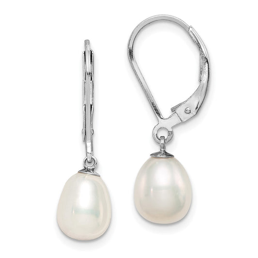 QE12781 Sterling Silver Rhodium-plated 7-8mm White Teardrop Freshwater Cultured Pearl Leverback Dangle Earrings