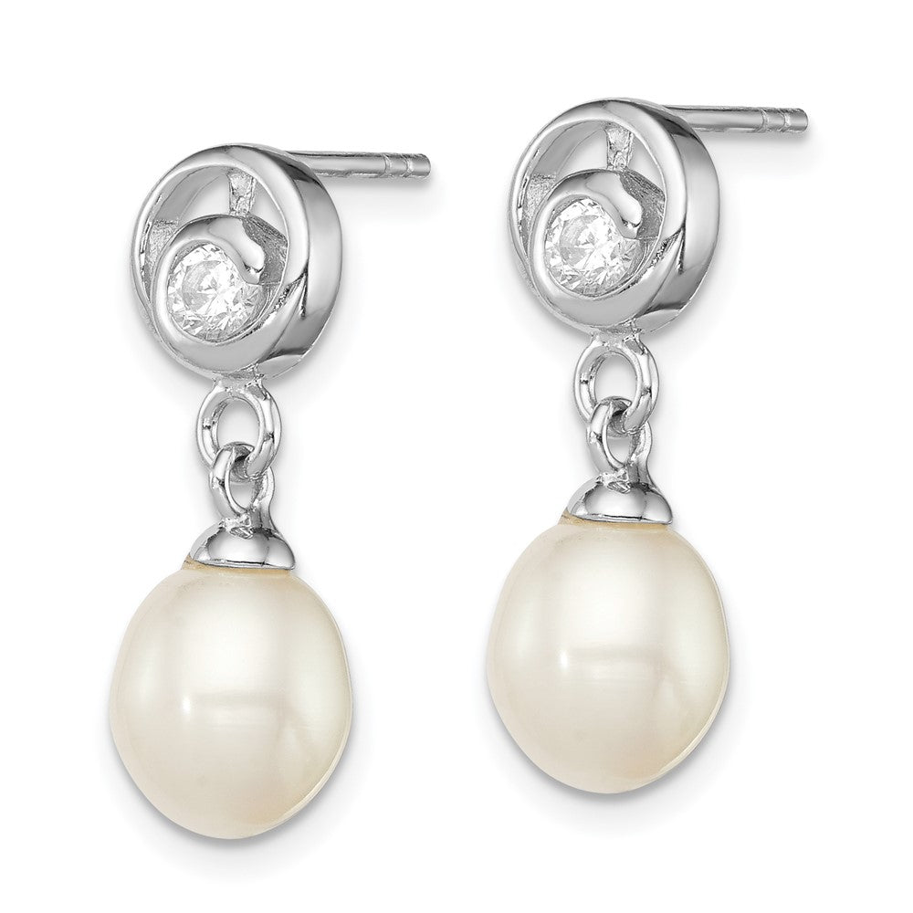 QE12783 Sterling Silver Rhodium-plated 7-8mm White Rice Freshwater Cultured Pearl and CZ Post Dangle Earrings